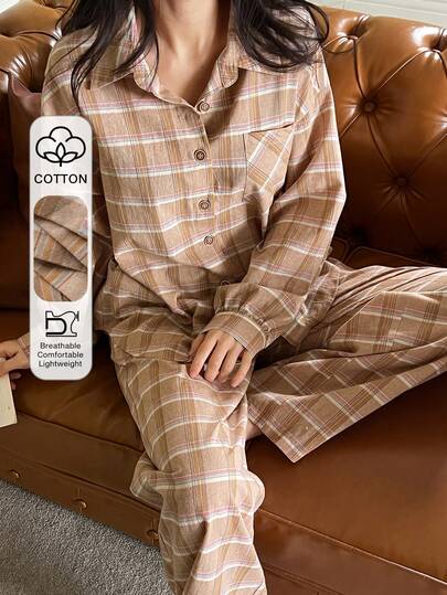DAZY Minimalist Plaid Loose Fit Shirt Style Women Pajama Set