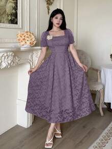 Modelyn Cut-Out Waist Flared Dress With 3D Floral Decor For Women - Purple - View 4