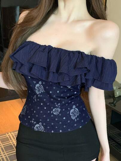 DAZY Denim Ditsy Floral Ruffle Trim Asymmetric Shoulder Short Sleeve Blouse