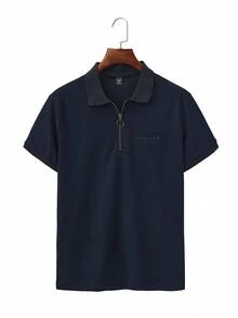 Manfinity Homme Camisa polo de media cremallera de unicolor para hombres, uso diario casual, verano, formal - Azul Marino - Ver 5