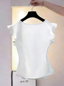 SHEIN LUNE 女士新款优雅休闲上衣，时尚不对称下摆圆领荷叶袖，适合度假、通勤、情人节、狂欢节、海滩、夏季假期，白色衬衫 - 白色 - 查看 2