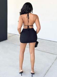 Alexandranx Váy ngắn hở lưng buộc dây cổ chữ V sâu gợi cảm cho nữ, dáng ôm sát, thích hợp cho tiệc tùng, hẹn hò, trà chiều, kỳ nghỉ hè thời trang trên bãi biển - màu đen - Xem 2
