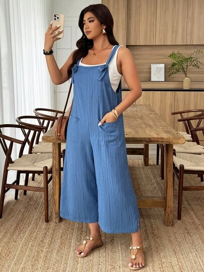 Weeklong Textured Gray-Blue Jumpsuit, Casual Daily Wear Plus Size, Spring/Summer