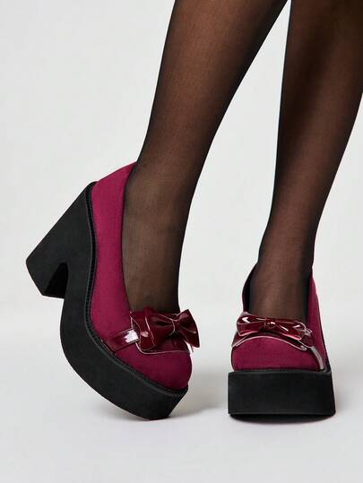 ROMWE Kawaii Women's Shoes Fashion Thick-Soled Wedge Shoes - Casual Punk Style Round Toe Front Bow Decorative Shoes - Comfortable And Simple Women's Slip-On Party Women's Shoes