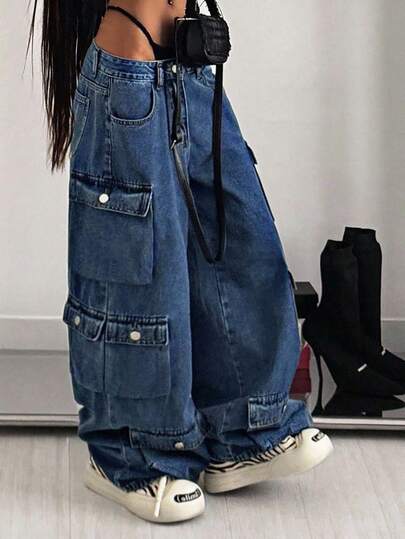 Jeanoix 大码女式宽松休闲工装牛仔裤，多口袋设计