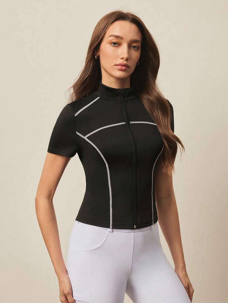 Dewbera Casual Versatile Black Short Sleeve Zip-Up Jacket With Line Design, Slim Fit & Slimming - Black - View 3