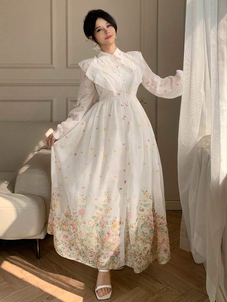 Women's Floral Print Elegant Waist Ruffle Hem Long Dress Sundress