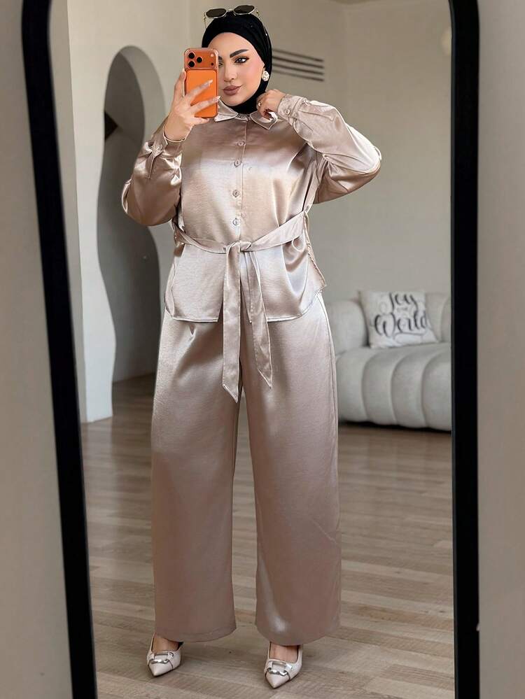 Dazy Plus 2pcs/Set Women's Casual Solid Color Poplin Fabric Belted Waist Turndown Collar Long Sleeve Shirt & Loose Straight Long Dress, Plus Size, Spring/Autumn Lounge Sets For Women