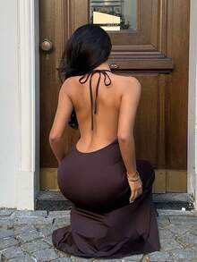 Sunnyshic Đầm nữ cổ yếm buộc nơ hở lưng có thể điều chỉnh, thích hợp cho kỳ nghỉ, hẹn hò, tiệc tùng, đi chơi, thiết kế gợi cảm cho ngày Valentine. - Cà phê nâu - Xem 2