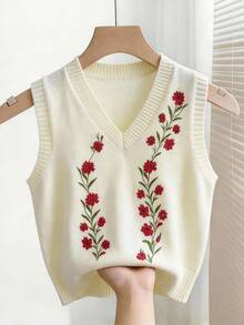Franclia 2025 Spring/Summer New Layered Design Retro Floral V-Neck Women Knit Vest Top - Apricot - View 2