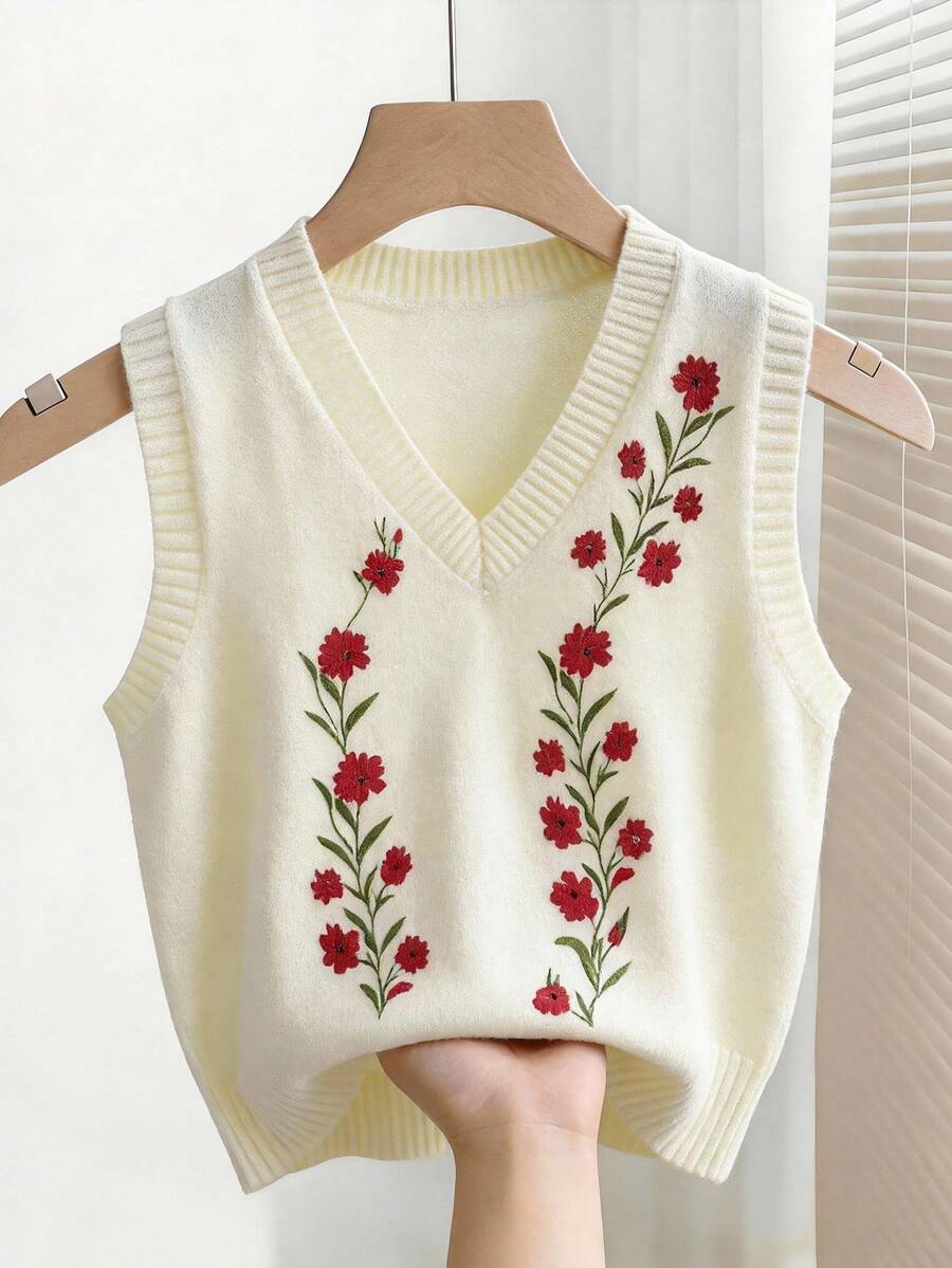Franclia 2025 Spring/Summer New Layered Design Retro Floral V-Neck Women Knit Vest Top - Apricot - View 1