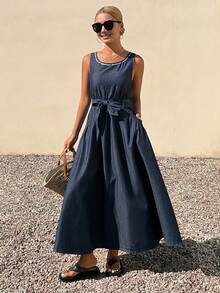 DAZY 女士圆领无袖收腰长款优雅牛仔连衣裙 - 深色水洗藍 - 查看 5