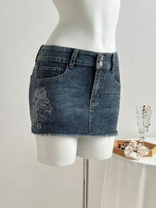 Elamini Women's Summer Casual Embroidered Denim Mini Skirt - Dark Wash - View 1