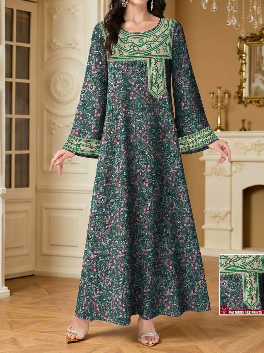 SHEIN Najma Women's Floral,Plant & Geometric Pattern Digital Print Elegant Round Neck Long Sleeve Spring Arabic Style Dress,Modest Turkish Dress,Islamic Dresses - Multicolor - View 1