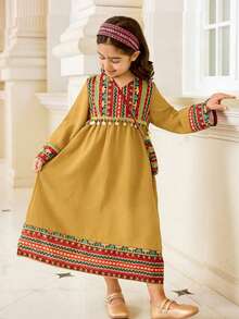 Spring/Summer New Young Girl Retro Print Patchwork Fringe Trim V-Neck Long Sleeve Loose Flare Dress With Crossbody Bag - Yellow - View 3