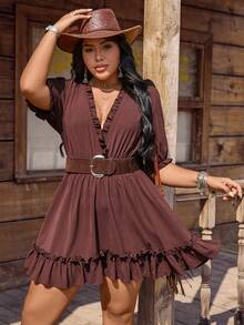 Nubod Vestido de manga corta con cuello en V, cintura ceñida y volantes en unicolor para mujer de talla grande, adecuado para primavera/verano, vuelta al colegio, vacaciones, graduación, días festivos, San Valentín, Navidad, festivales de música, Día de la Madre, Halloween, Acción de Gracias, Pascua, Día Nacional, bailes, cumpleaños, citas, fiestas, bodas, actividades al aire libre - Marrón - Ver 7