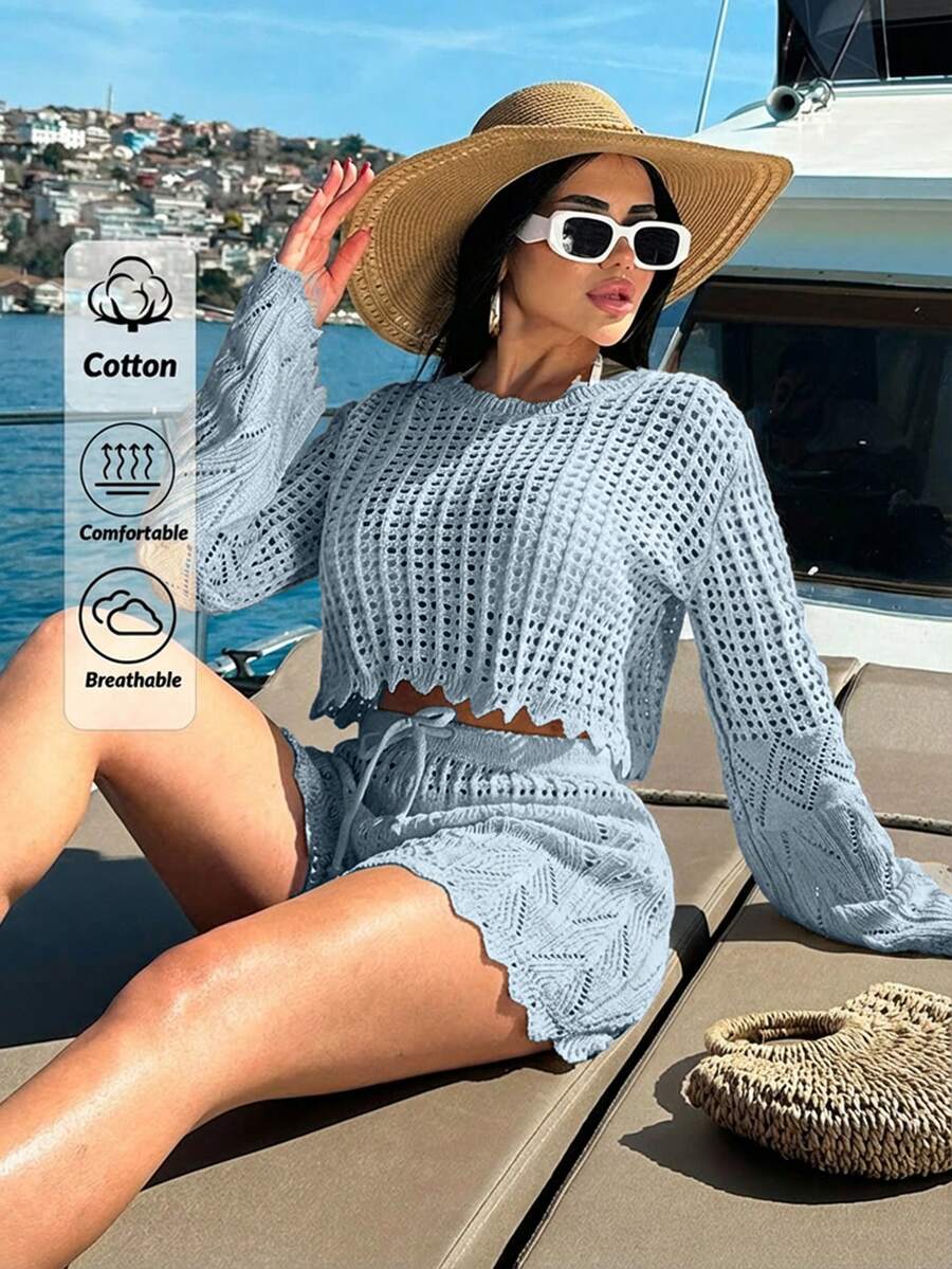 SHEIN Cottnline ملابس نسائية مجموعة مع ملابس علوية وقصير للملابس الشاطئية وتغطية الجسم مفرغة - أزرق فاتح اللون - مشاهدة 1