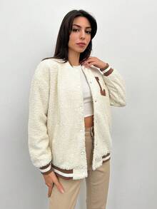 RueChic Teen Girls' Plush Baseball Jacket With Letter Pattern - Apricot - View 3