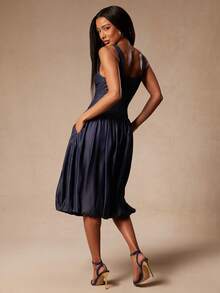 NYA SZN Elegant Navy Blue Denim Midi Dress For Women,Sleeveless Straps Cut Out Bubble Hem Sundress,Chambray Outfits For Autumn Dinner Date, Beach Party - Dark Wash - View 2