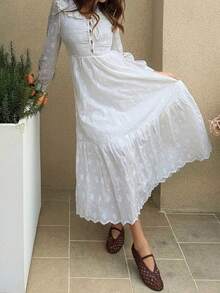 DAZY French Peter Pan Collar Waist Cinched Dress, French Elegant Style Long Dress For Women - White - View 5