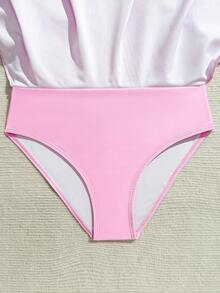 SHEIN Tween Girls' Vacation Beach Bowknot Striped Print Half Zip One-Piece Swimsuit Tween Swimsuit Rashguard Girls Swimsuit Long Sleeve Rash Guard Long Sleeve Swimsuit For Tweens Tween Rash Guards Teen Girl Rash Guard Set - Pink - View 6