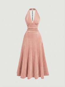 SHEIN MOD Women's Backless Tie-Waist Ruched Midi Dress, Suitable For Dates And Parties - Pink - View 2