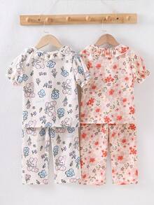 4pcs/Set Young Girl' Ditsy Floral Ruffle Collar Cardigan & Pants Set - Multicolor - View 2