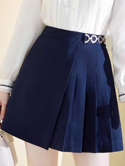 Franclia Plus Size Women's Pleated Minimalist A-Line Skirt, Elegant Casual Short Skirt, Pearl Button Decor Pleated Skirt