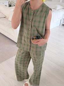 DAZY Conjunto de chaleco sin mangas de cuello redondo a cuadros y pantalones para niñas preadolescentes, para otoño - Verde - Ver 1