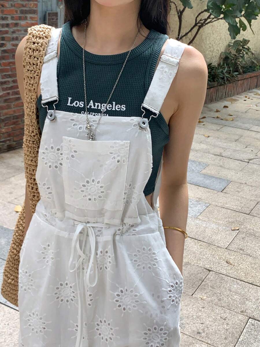 DAZY 女士蕾丝纹理腰带连体裤，度假风 - 白色 - 查看 1