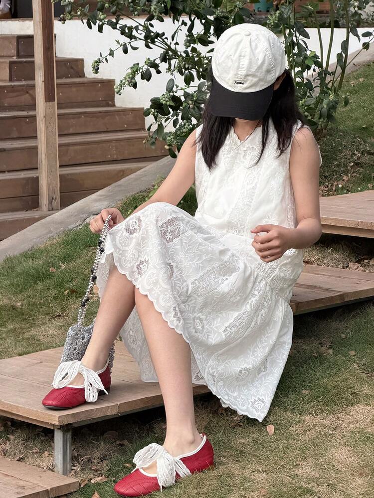 Tween Girls' Summer Vacation Solid Color Lace Ruffle Hem Sleeveless Dress