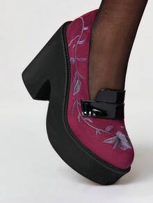 Sugerpunk Women's Shoes Fashion Thick Heel Shoes - Summer Casual Solid Color Flower Embroidery Thread Round Toe Comfortable And Simple Slip-On Shoes Women's Shoes - Burgundy - View 3