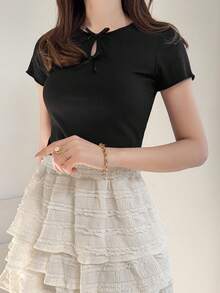 FRIFUL Camiseta ajustada de verano con cuello redondo, adorno de lazo y calado - Negro - Ver 7