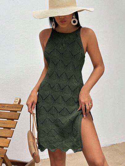 EURMUSE Women's Hollow Out Side Slit Hem Halter Neck Cover Up Dress, Vacation