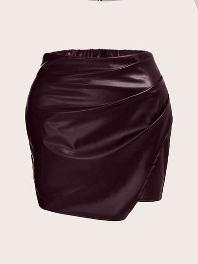 Elenzga 女士优雅纯色皮质迷你裙，适合休闲、工作和通勤穿着。