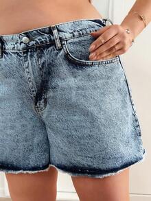 SHEIN Women Washed Detail High-Rise Plus Size Elastic Waist, Frayed Hem Denim Shorts - Blue - View 7