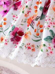 SHEIN Vintaside Kids 女嬰白色花卉蕾絲飾邊洋裝，可愛夏季度假熱帶海灘休閒荷葉袖派對復活節穿搭 - 白色 - 查看 7