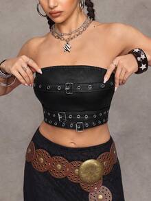 Jeanoix Y2K Women's Solid Color Fashionable Cropped Summer Tube Top - Black - View 4