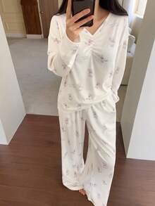 DAZY 可爱小熊印花舒适针织女式睡衣套装 - 白色 - 查看 3