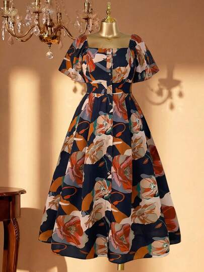 Rometta Vestido floral de manga corta con cuello cuadrado y cintura ceñida, de talla grande, elegante y de moda, para primavera/verano