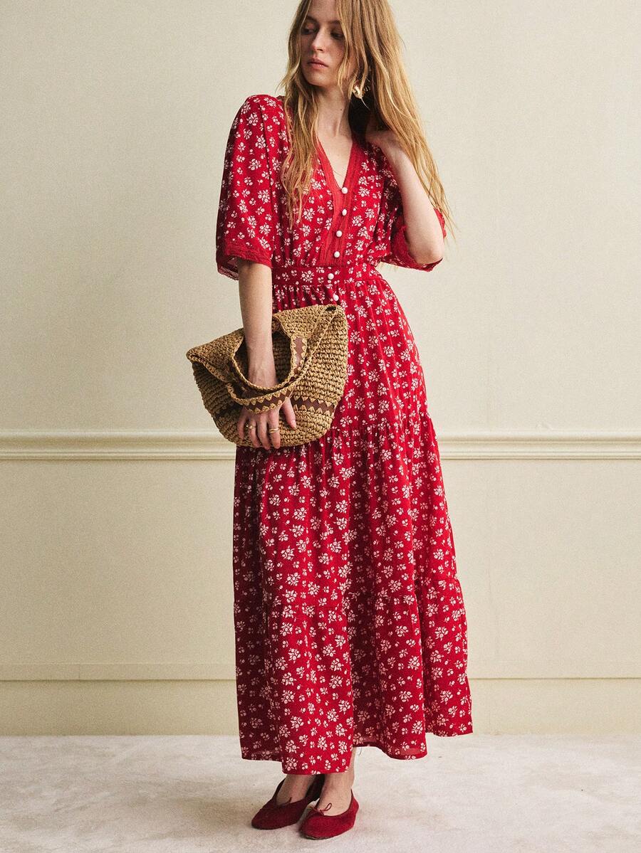 Écloséra 女士夏季通勤迷你碎花腰部花瓣袖连衣裙 - 紅色 - 查看 1