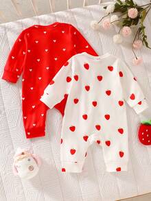 SHEIN 新生女宝宝两件套，舒适可爱草莓印花长袖连体衣，柔软弹力针织面料，方便穿脱的按扣设计，适合春秋季节，0-9个月，粉色和白色 - 紅色 - 查看 2