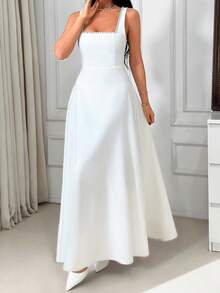 SHEIN Abito lungo da donna bianco con decorazioni in perle - Senza maniche, collo quadrato, vestibilità aderente e ampia, abito elegante da cerimonia serale - Bianco - Visualizzare 3