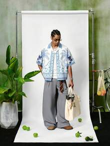 PAVTROS Men's Casual Tropical Print Lapel Collar Short Sleeve Loose Shirt, Summer Beach Holiday - Blue and White - View 1