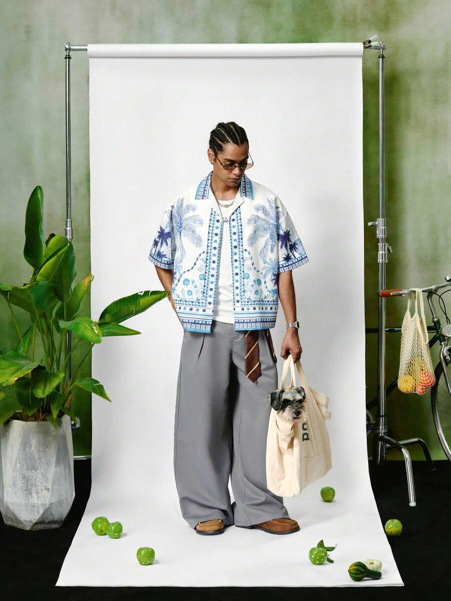 PAVTROS Men's Casual Tropical Print Lapel Collar Short Sleeve Loose Shirt, Summer Beach Holiday - Blue and White - View 1