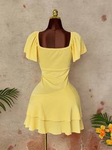 Sunspun Casual Elegant Minimalist French Style Short Sleeve Ruffle Sleeve Starfish Metal Decor Fitted A-Line Jacquard Fabric Yellow Summer Vacation Plus Size Women Dress - Yellow - View 2
