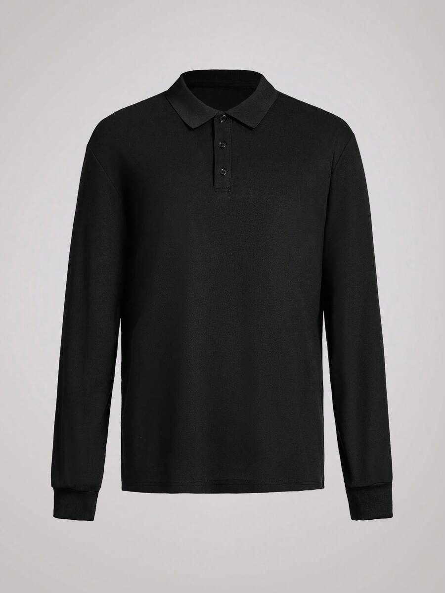 Officeau 男士长袖高尔夫 Polo 衫，秋季 - 黑色 - 查看 1