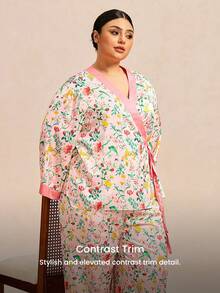 LUVLETTE 大码春秋季家居服女式粉色碎花和服睡衣套装 - 缎面长袖上衣和撞色滚边阔腿裤 - 粉色 - 查看 9