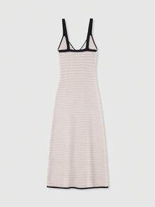 SHEIN Luminelle New Hollow Out Sheer Vacation Spaghetti Strap V-Neck Sleeveless Knit Dress - Apricot - View 7