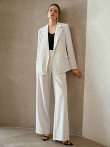 MOTF PREMIUM 条纹休闲亚麻质感通勤及日常双排扣西装外套 - 白色 - 查看 5